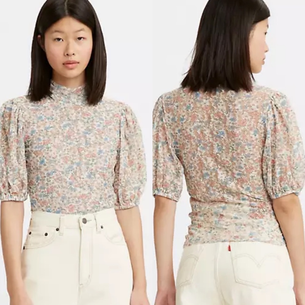 New! Levi’s ole floral puff sleeve sheer blouse sz s
